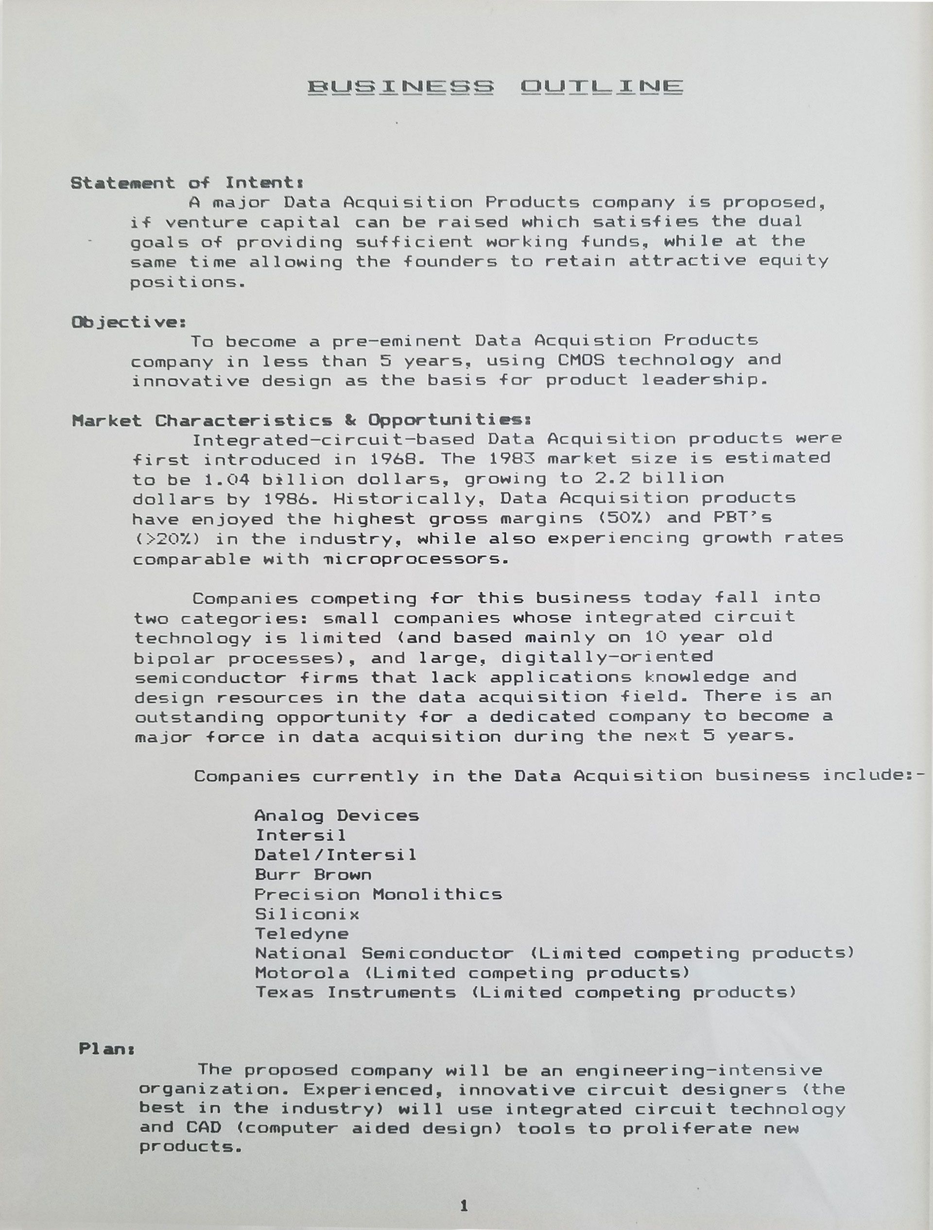 Maxim Integrated original business plan, page 1